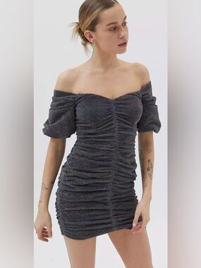 ASTR The Label Joplin Metallic Rainbow Ruched Off Shoulder Mini Dress M